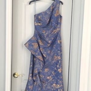 Teri Jon Jacquard One Shoulder SideRuffle Gown